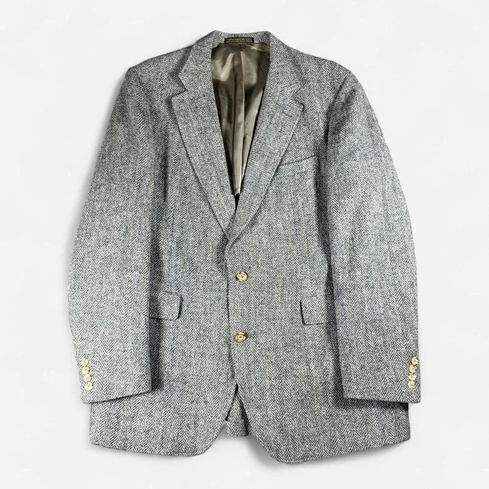 Vintage Harris Tweed Gray Herringbone 100% Wool Blazer Old Money Size 42L